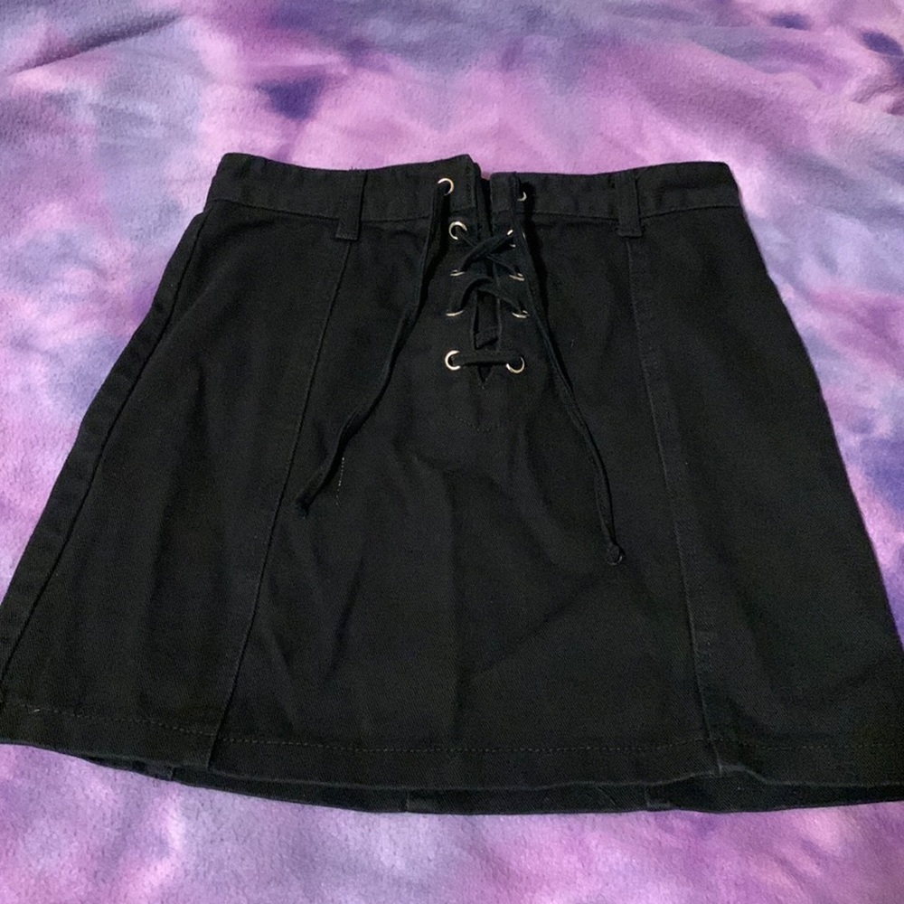 Black Lace Up Denim Skirt